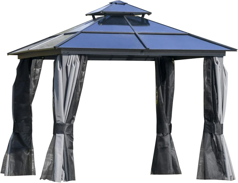 10 feet x 12 feet hard-top awning canopy, polycarbonate roof, aluminum frame, permanent outdoor awning, with net cover, suitable for patios, gardens, backyards, terraces, lawns, grasslands, light gray. S7