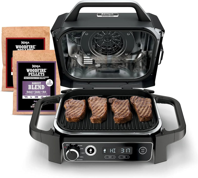 7-in-1 Multi-functional (Barbecue, Slow Roast, Bake, Air Fry, Dehydration, Grill, Smoking) | Portable and highly weather-resistant | Capable of cooking up to 6 steaks and 30 hot dogs | Includes wood pellet fuel K2