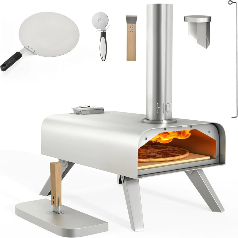 Wood-fired outdoor pizza oven, 12-inch portable pellet pizza oven, equipped with pizza tongs and pizza cutter, stainless steel silver pizza maker suitable for outdoor kitchen cooking K2