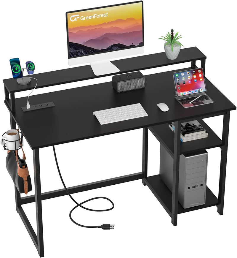 47 inch Computer Desk with Power Outlets, Small Home Office Desk with Ergonomic Monitor Stand, Reversible Gaming Desk, Modern Study Desk, Laptop Desk, White G3
