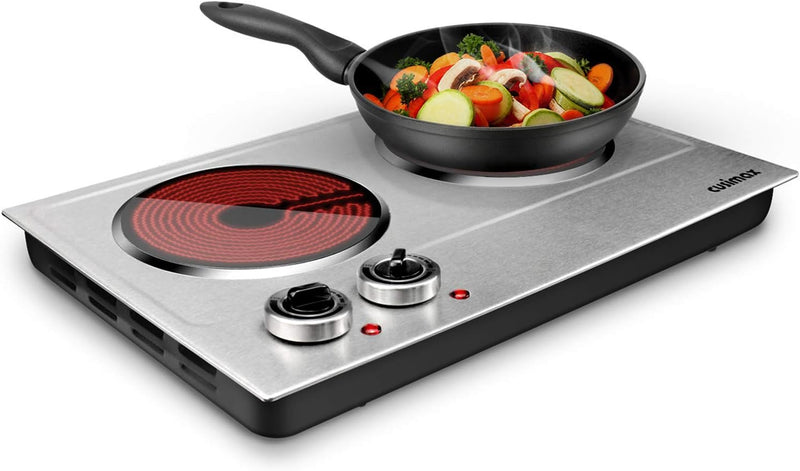 Hot Plate,1800W Ceramic Electric Hot Plate for Cooking, Dual Control Infrared Cooktop, Portable Countertop Burner, Glass Plate Electric Cooktop, Silver, Stainless Steel V4