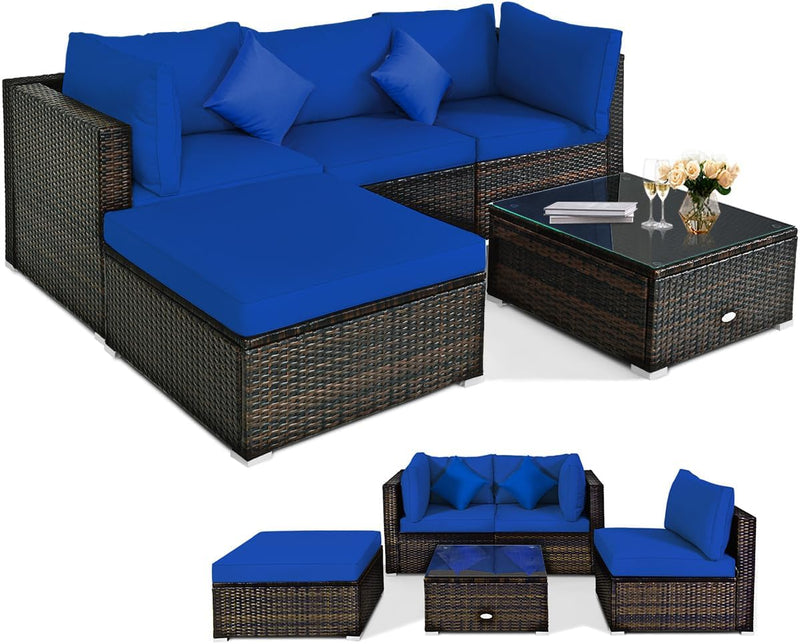 5 pieces of outdoor patio furniture, L-shaped rattan three-seater sofa with tempered glass coffee table, footstool, 3 single chairs, rattan outdoor party set, suitable for backyard, porch, balcony, black version N5