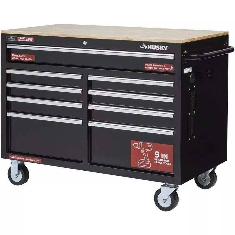 46 in. W x 24 in. D 9-Drawer Gloss Black Deep Tool Chest Mobile Workbench K8