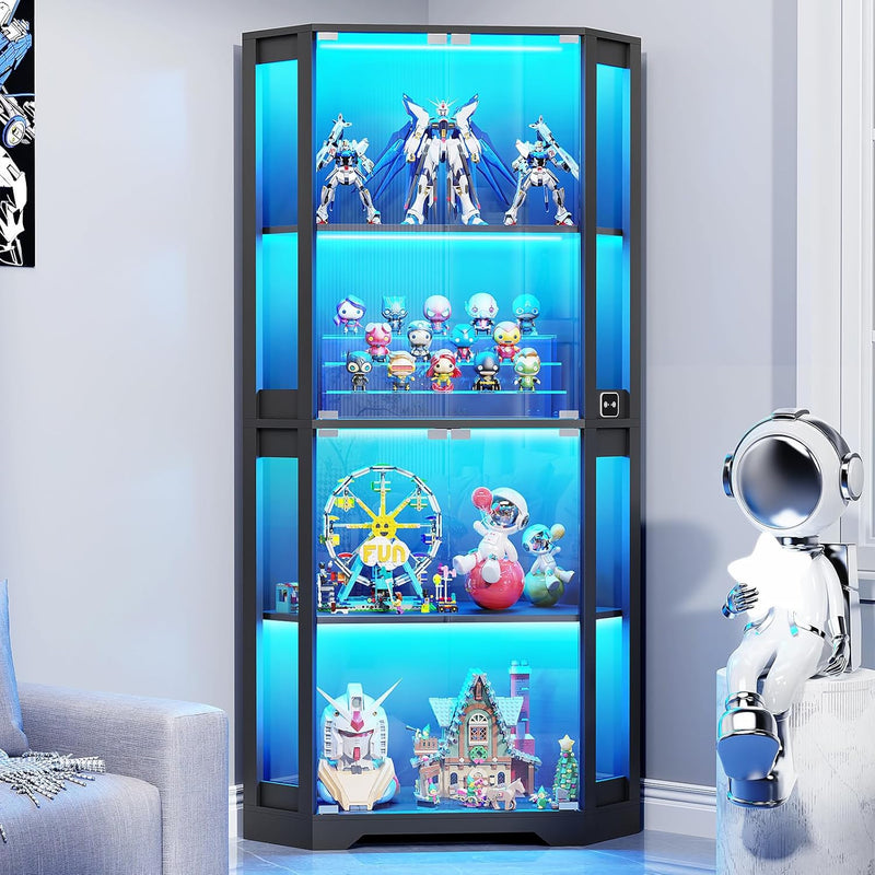 Corner Display Cabinet with Glass Doors, 65" Lighted Curio Cabinet with 3 Color Lights for Collectibles, 4-Tier Display Case Bookcase with Human Body Sensor for Toys, Books, Trophy, Black A1