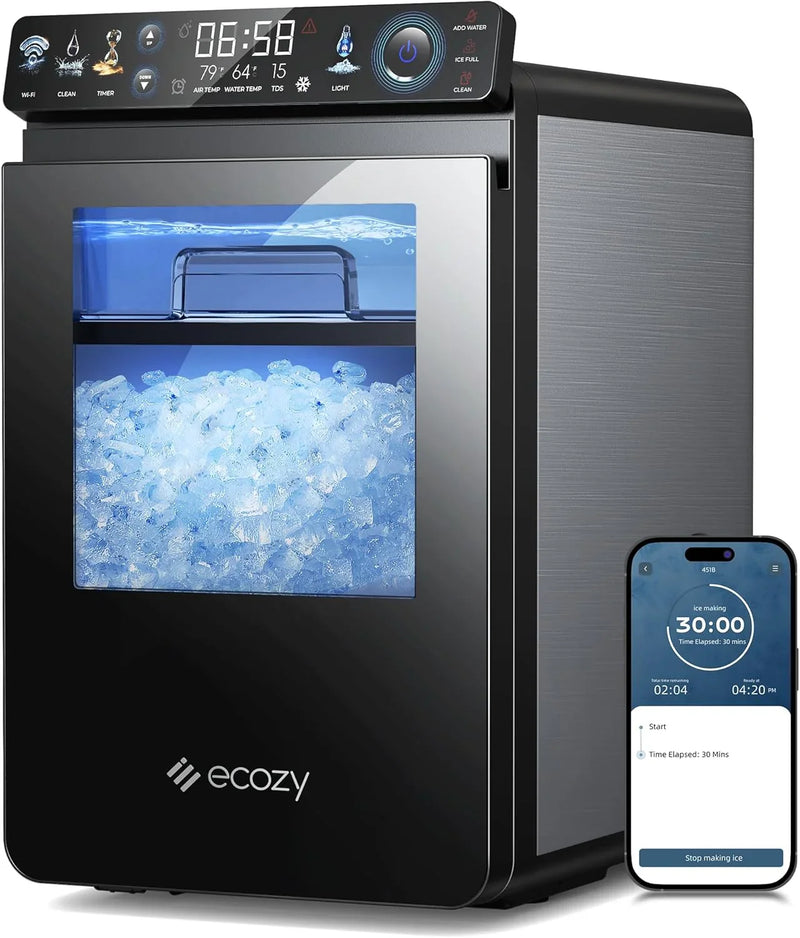 Nugget Ice Maker Countertop, Smart Pebble Ice Machine with APP Control, 44 lbs/24H Soft Pellet Chewable Ice with Self-Cleaning, Stainless Steel W7