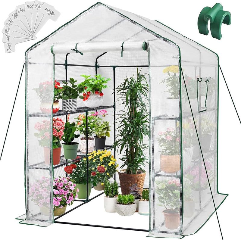 Greenhouse, 57 x 85 x 76'' Greenhouses for Outdoors, Portable Greenhouse Kit with Mesh Side Windows, PE Cover, 8 Shelves, Heavy Duty Walk in Green House for Backyard Garden Indoor Outside K1