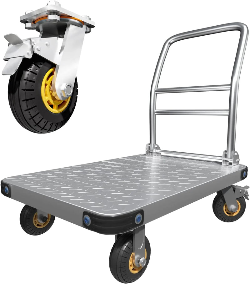 Heavy Duty Platform Truck Flat Moving Cart Hand Trucks,2000Lbs Steel Push Cart Dolly with Brake Design, 36 x 24in Large Flatbed with 5'' 360 Degree Swivel Wheels for Easy Storage Z6