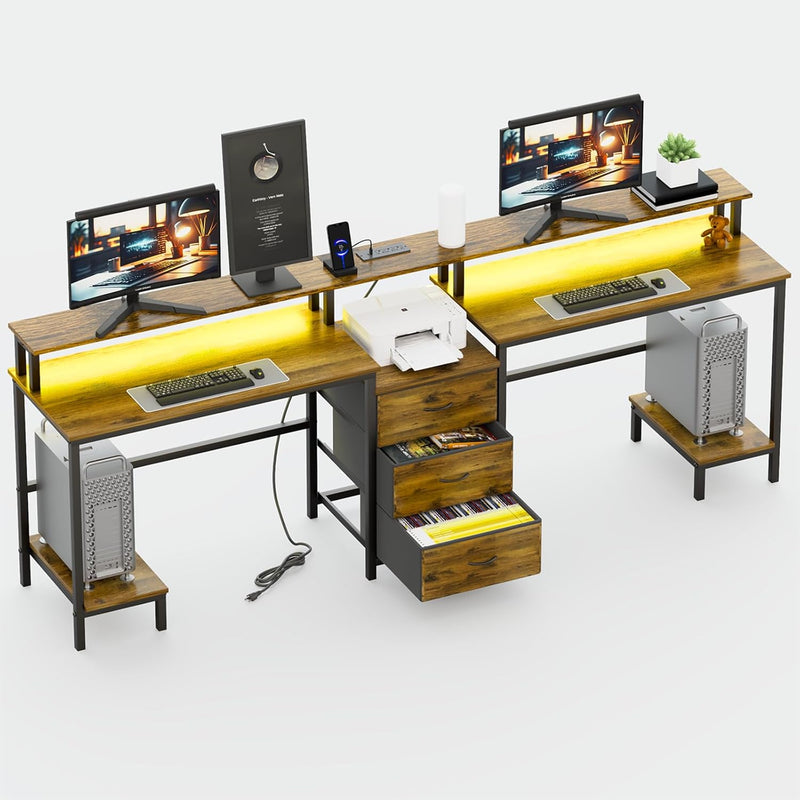 2 Person Desk with LED Lights & Charging Station – Long Desk for 2 with Storage Drawers, Monitor Riser, USB Ports & Outlets – Modern Study Table or Workstation for Home Office V9