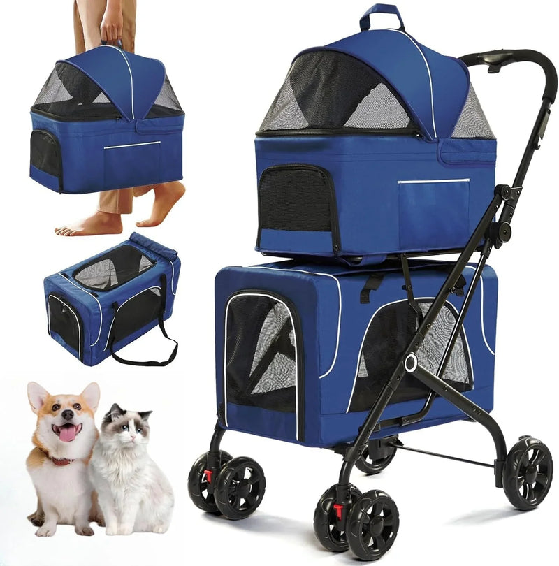 Double Dog Stroller for 2 Dogs, Detachable Carriers, Safety Belt, Lockable Wheels, Pet Travel Carrier Strolling Cart, Folding Cat Stroller for Small Medium Pets Dogs (Blue) L4
