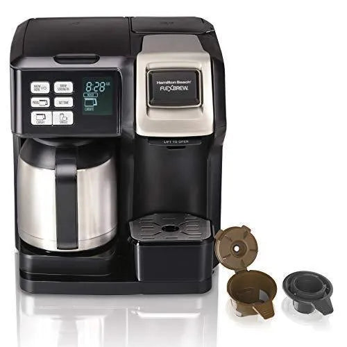 Hamilton Beach FlexBrew Thermal Coffee Maker, Single Serve & Full Pot, Compatible with K-Cup Pods or Grounds, Programmable, Black and Stainless (49966) F8