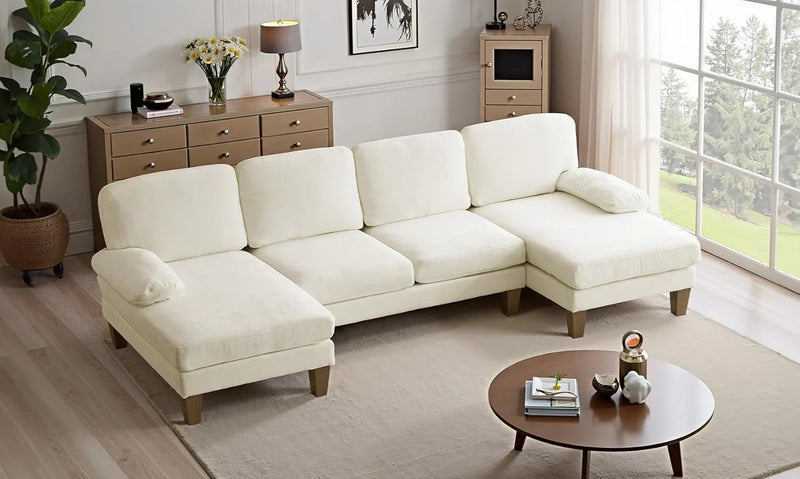 110" Sectional Couches for Living Room,U Shaped Couch with Double Chaise, 4-Seat Sofa Set with Chenille Fabric for Home Furniture,Beige J9