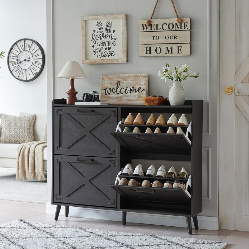 Shoe Storage Cabinet,Farmhouse Shoe Organizer with 4 Flip Drawers & Barn Door Design,Freestanding Hidden Slim Narrow Shoe Rack Cabinet for Entryway,Foyer,Hallway,Walnut J2