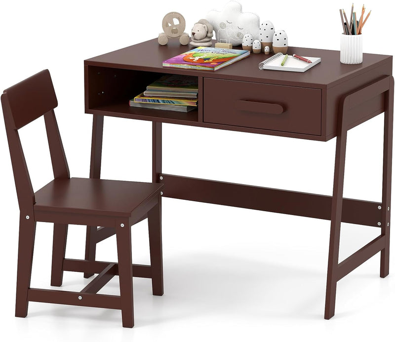 Kids Desk and Chair Set, Wooden Children School Study Table and Chair w/Storage Drawer & Hutch, Student Writing Desk Computer Workstation for Bedroom, Gift for 3 Years Old (White) E5