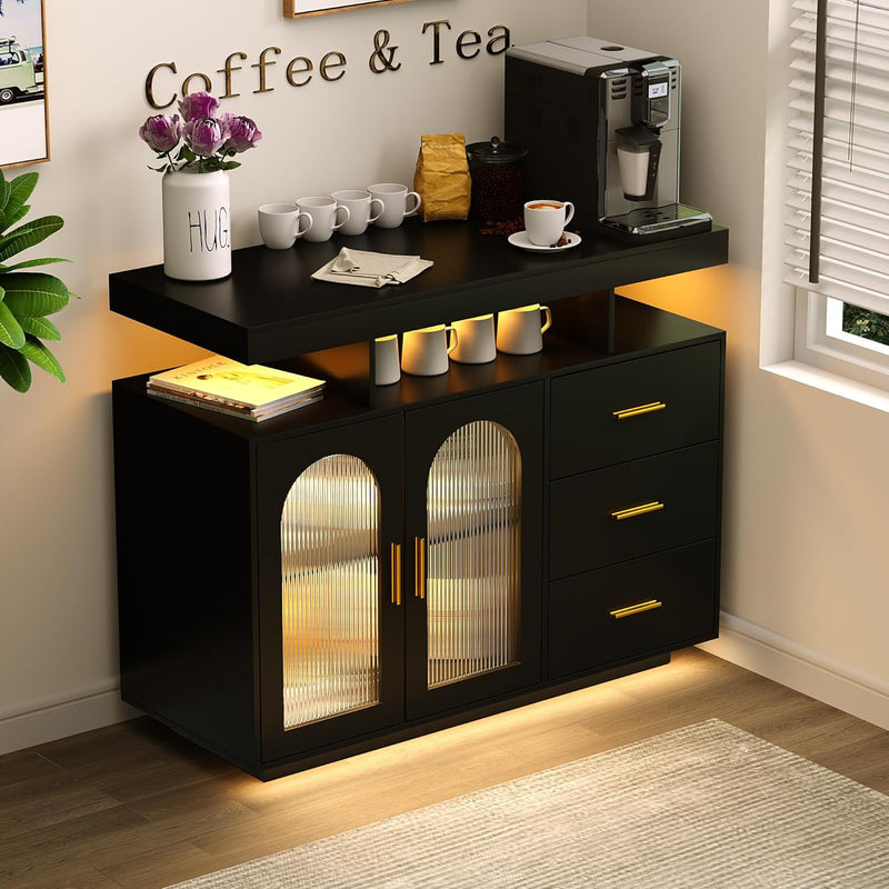 Bar Cabinet Kitchen Storage Cabinet with RGB Light, Human Sensor Design Sideboard Buffet Cabinets, Wood Coffee Bar Table with Shelf Capacity (Black) N3