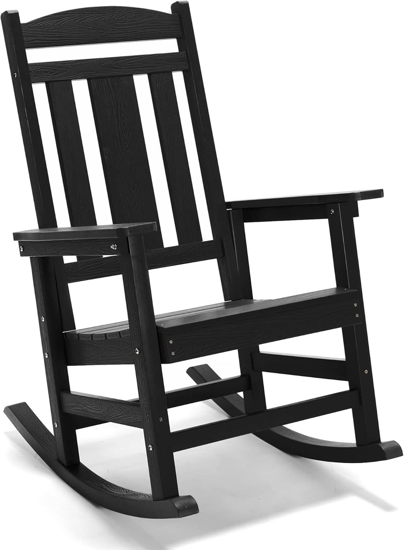 Rocking Chair Outdoor, Weather Resistant Poly Plastic Rocker Chairs, 350lb Heavy Duty, Oversized Porch for Adult, High Back Smooth Chairs Outdoor & Indoor, Black 1Chair W7