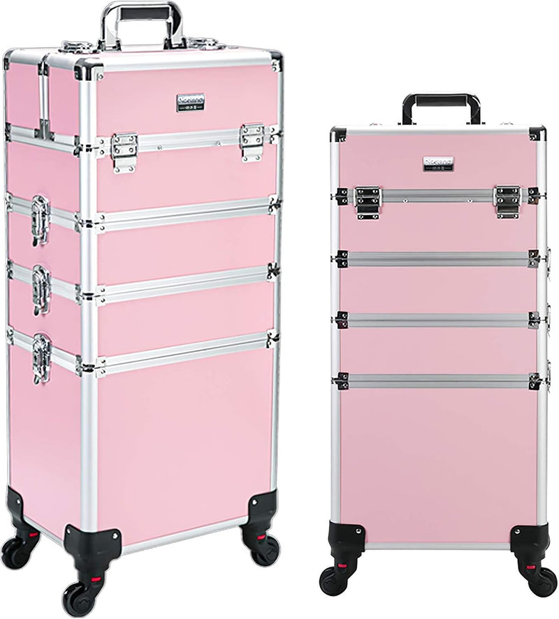 4 in 1 Professional Rolling Aluminum Cosmetic Makeup Train Organizer Storage Case Artist Train Case Salon Beauty Cosmetic Jewelry Organizer Trolley with 4 Wheels (All Black) N5