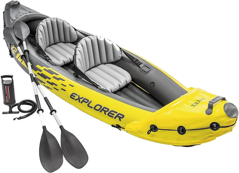 Explorer K2 Inflatable Kayak Set: Includes luxurious 86-inch aluminum paddle and high-output pump - extremely durable PVC material - adjustable seat with backrest - suitable for two people - maximum weight capacity 400 pounds U8
