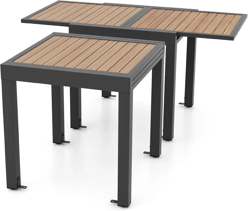 Extensible outdoor dining table, patio table, all-weather aluminum frame, large rectangular lawn backyard garden terrace dining table, suitable for 4 to 6 people, dark gray (dark gray, slatted tabletop) V9