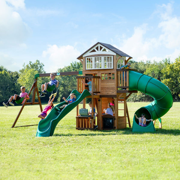 Backyard Discovery Kids' Bristol Point Cedar Wood Swing Set with Swing Beam, Upper & Lower Fort, Rock Wall & Slide Play for up to 11 Kids Y0