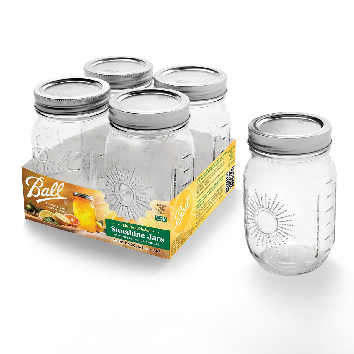 Ball Regular Mouth Sunshine Glass Mason Jar, 16-oz/473-mL, 4-pk