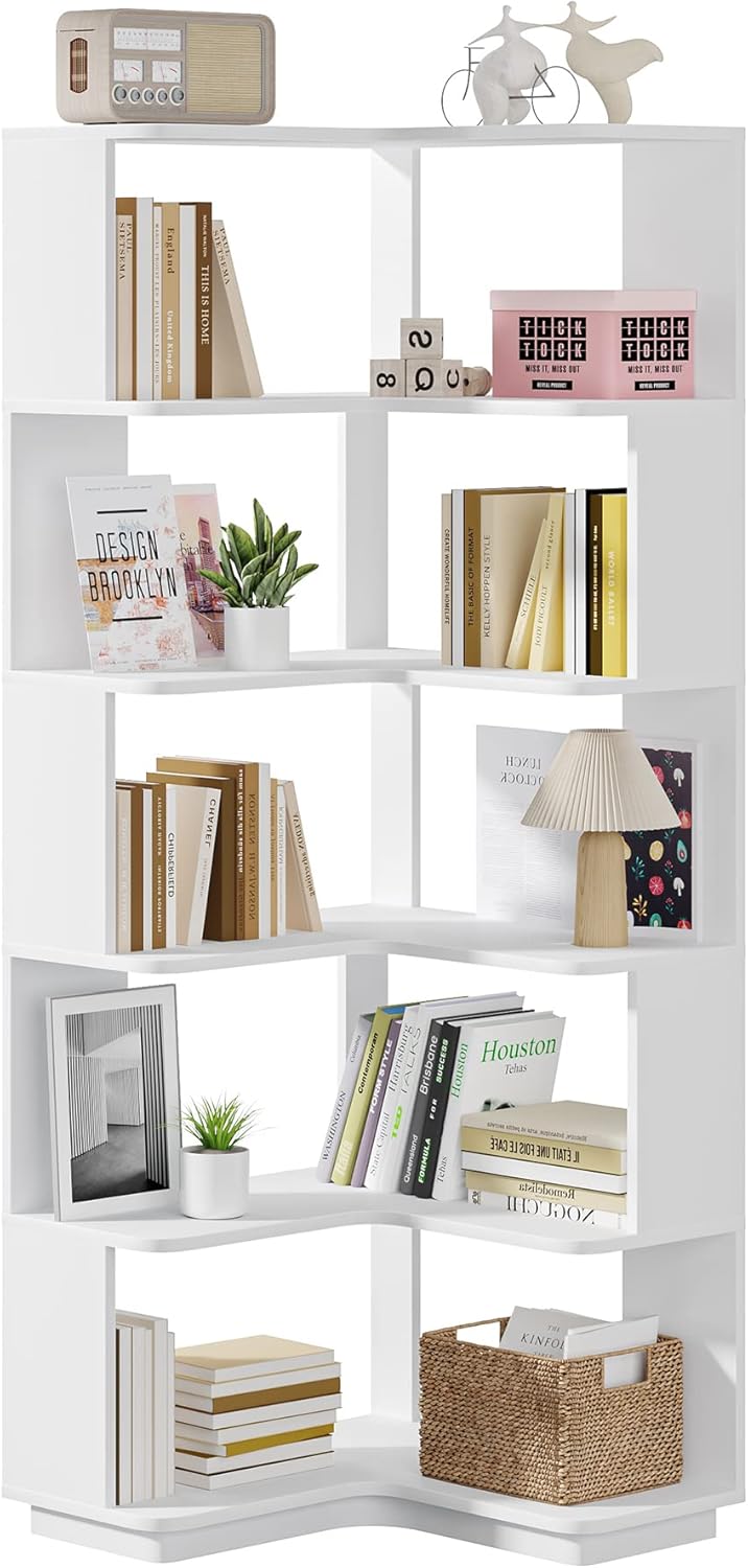 Tribesigns 6-Tier Corner Bookshelf, 64.9 Inch Tall Bookcase with Anti-Drop Panel, Modern Freestanding Corner Shelf Display Rack Storage Organizer for Home Office, Living Room, WhiteTribesigns 6-Tier Corner Bookshelf, 64.9 Inch Tall Bookcase with Anti Y2