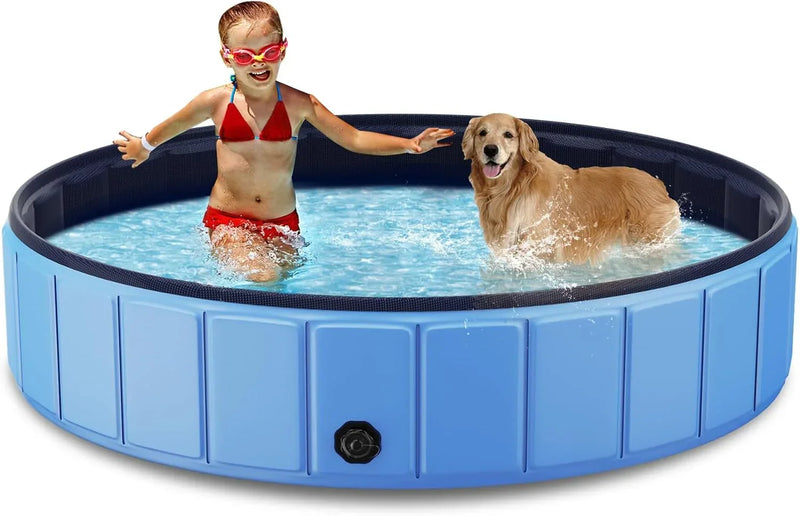 Foldable Dog Swimming Pool, 120"x20" Oversize Collapsable Hard Plastic Potable Bathing Tub for Pet Dog Kiddie Pool Indoor and Outdoor Leakproof PVC Play Pool for Large Dogs Pets Puppy Kids Blue G6