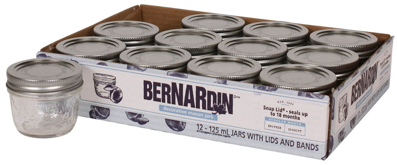 Bernardin Regular Mouth Decorative Glass Mason Jars with Snap Lids, 125 mL, 12 Count O7