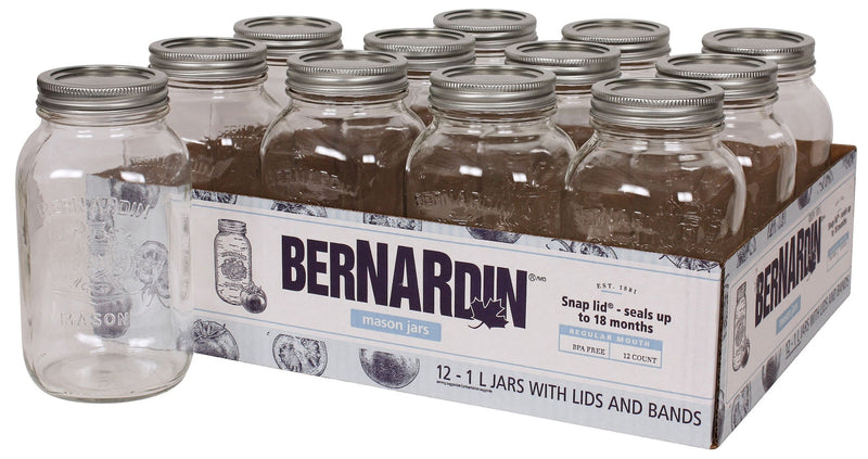 Bernardin Regular Mouth Glass Mason Jars with Lids and Bands, 1 L, 12 Count A9