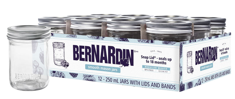 Bernardin Regular Mouth Smooth Glass Mason Jars with Snap Lids, 250 mL, 12 Count K4