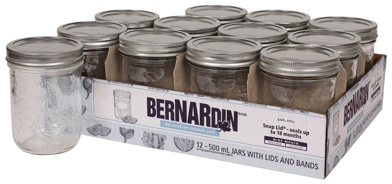 Bernardin Wide Mouth Decorative Glass Mason Jars with Snap Lids, 500 mL, 12 Count W1