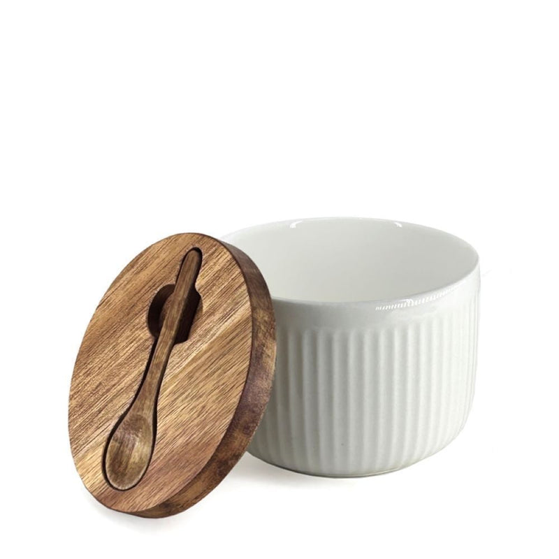 BIA Porcelain Salt/Herb Keeper with Spoon & Acacia Lid, Dishwasher Safe S6