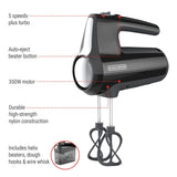 Black & Decker Helix Hand Mixer, Premium Performance 5 Speed Hand Mixer, Includes 5 Attachments and Case, Black