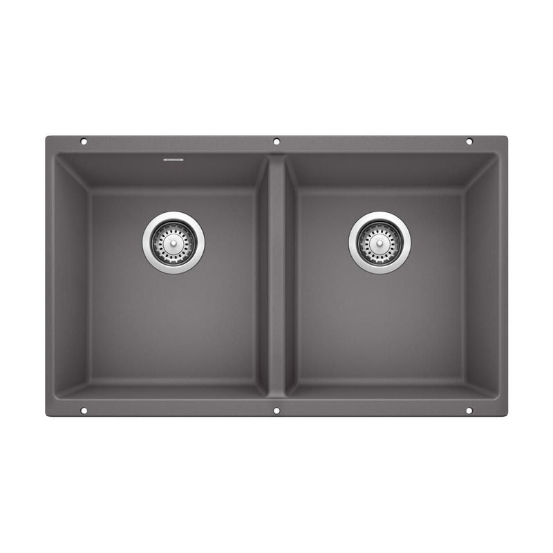 Blanco Precis SILGRANIT 29-in 50/50 Double Bowl Undermount Kitchen Sink, Cinder O8