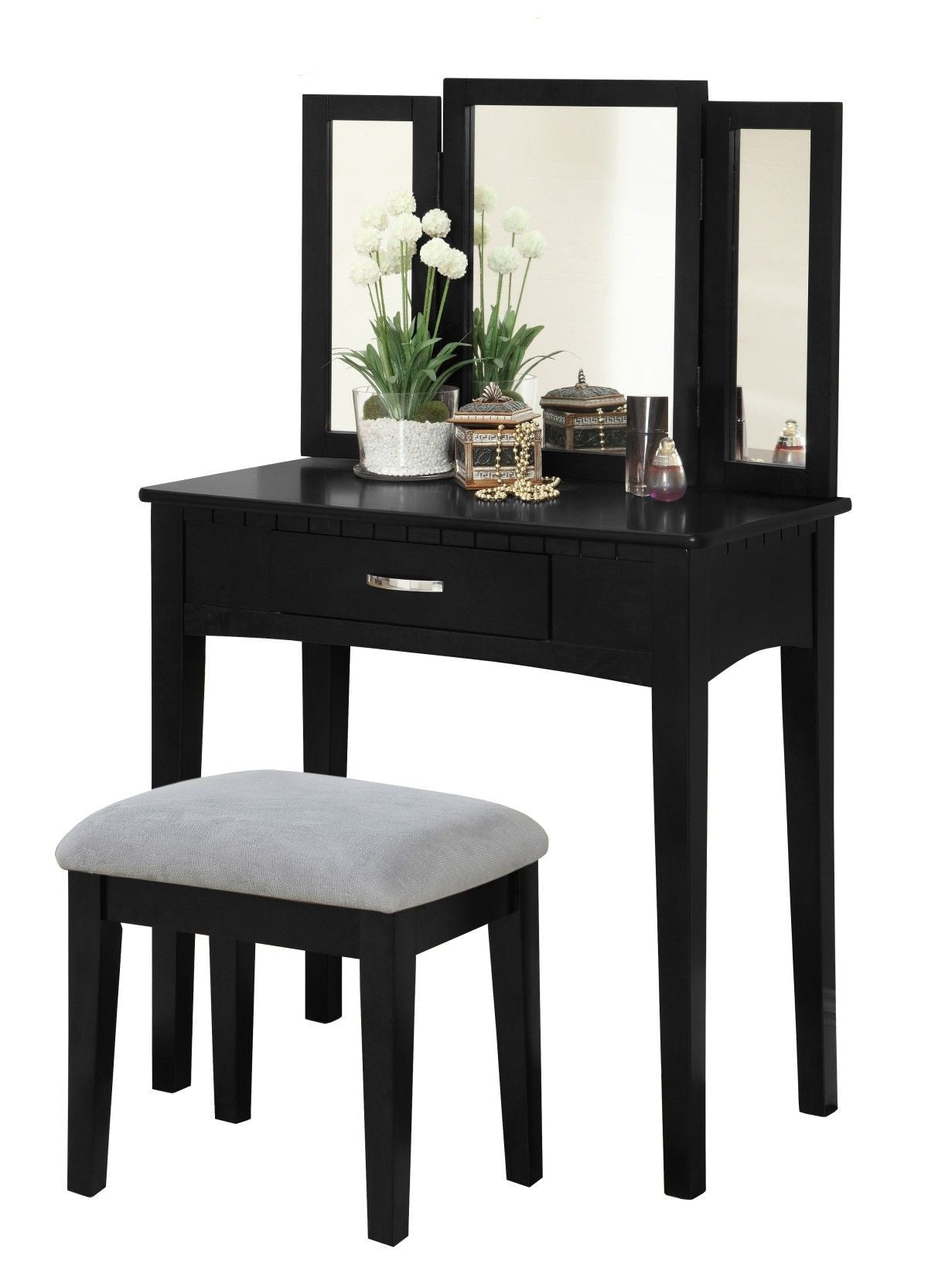 Brassex Lynn 1-Drawer Black Dressing Table Makeup Vanity Set with Stool and Mirror