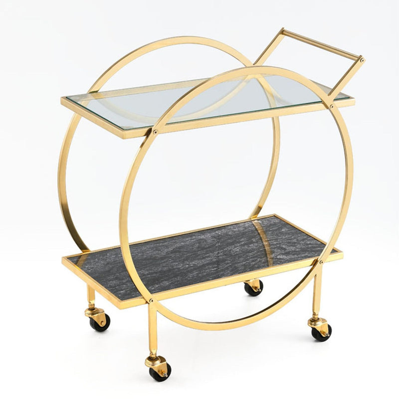 Brassex Zara 2-Tier Circular Rolling Bar Storage Cart with Mirrored Top, Gold W1