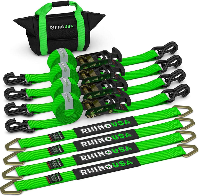 Car Tie Down Straps for Trailers with J Hooks (4-Pack) - 2 Inch x 8 Feet (10,000lb Break Strength) - Heavy Duty T-Handle Car Hauler Tire Straps for Trailer & UTV with Axle Straps - Black K2