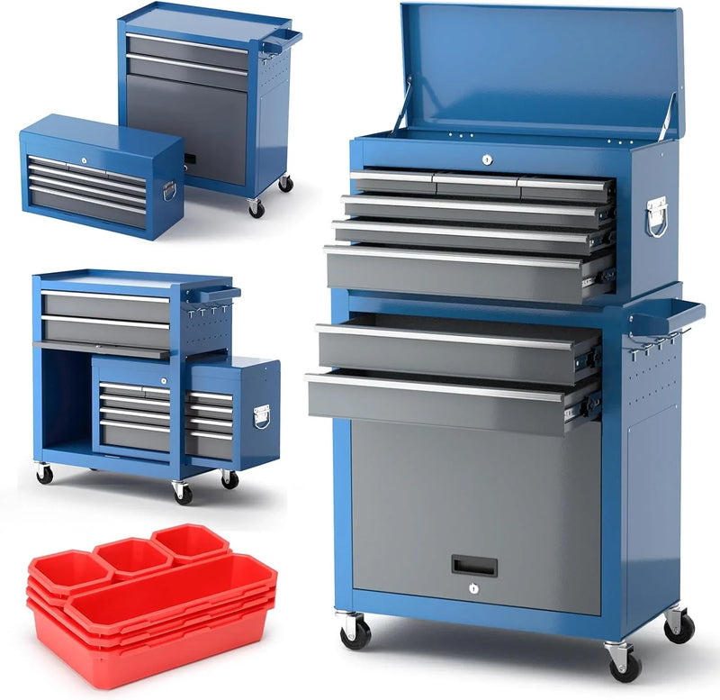 Tool Chest 8-Drawer | 42'' Large Rolling Tool Chest with Wheels | Detachable Top Metal Tool Box | Garage Storage Cabinet for Repair Room,storage area | Rolling Tool Box with Hooks,Liners,Tray Divider E9