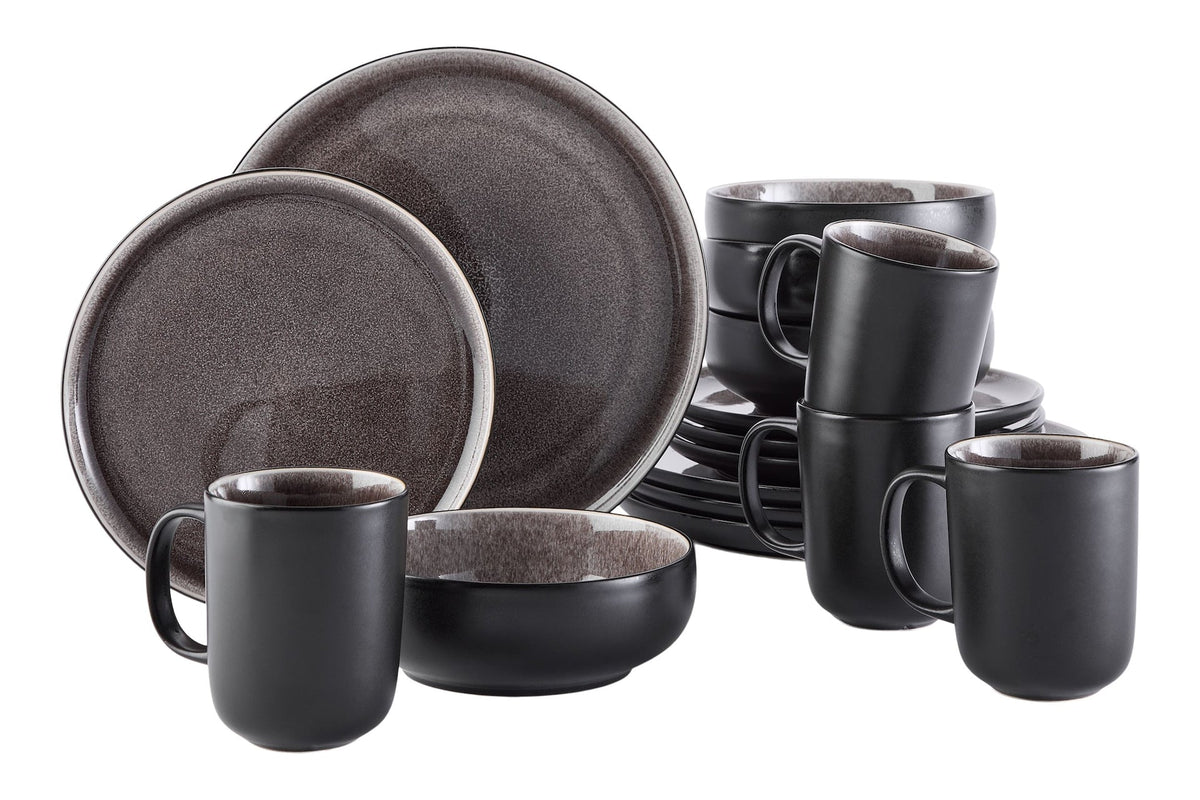 CANVAS Kenway Stoneware Dinnerware Set, Serves 4, 16-pc, Matte Black & Taupe Reactive Glaze