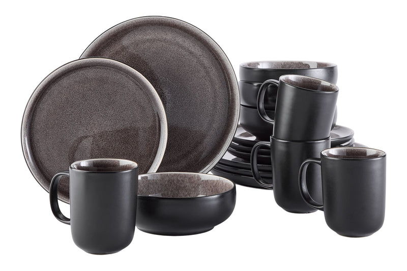 CANVAS Kenway Stoneware Dinnerware Set, Serves 4, 16-pc, Matte Black & Taupe Reactive Glaze K8