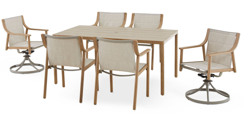 CANVAS Sauble Sling Outdoor Patio Dining Set with Swivel Chairs and Umbrella Hole, Tan, 7-pc V3