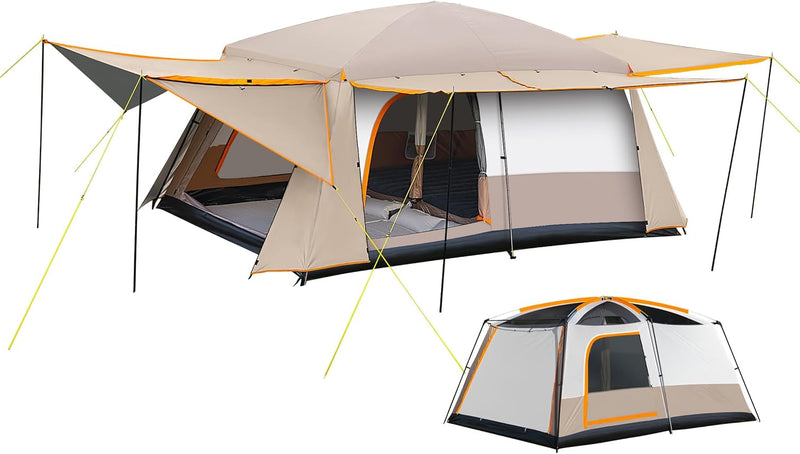 Camping Tent, 4-6 Person Family Cabin Tents, Large Waterpoof Tents for Camping Outdoor, 210D Oxford Fabric Blackout Foldable Sunburn Prevention Tent with 2 Rooms, 3 Foyers for Picnic Khaki R1
