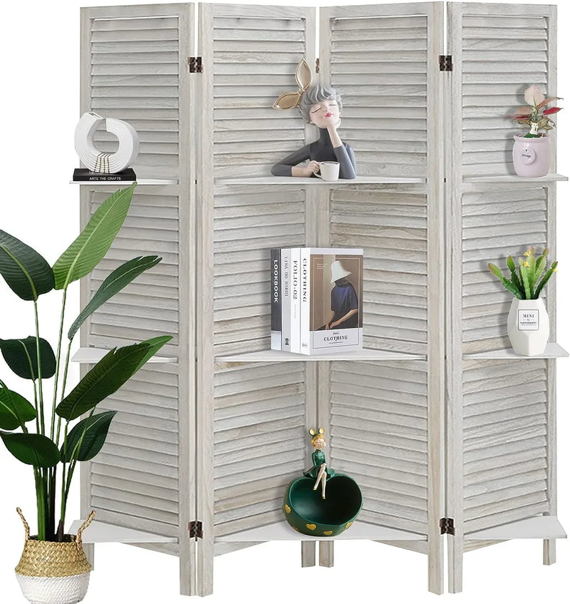 ECOMEX Room Divider 4 Panel, White with Shelves, Wall Dividers and Folding Privacy Screens B1