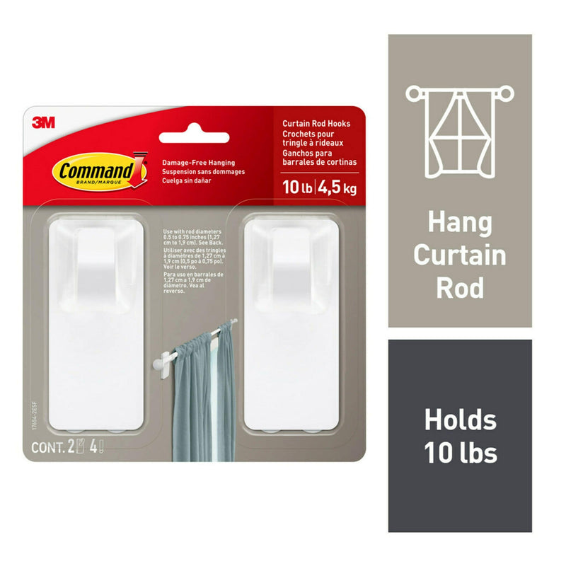 Command 2-Piece 10-lb Matte White Damage Free Curtain Rod Hooks A3