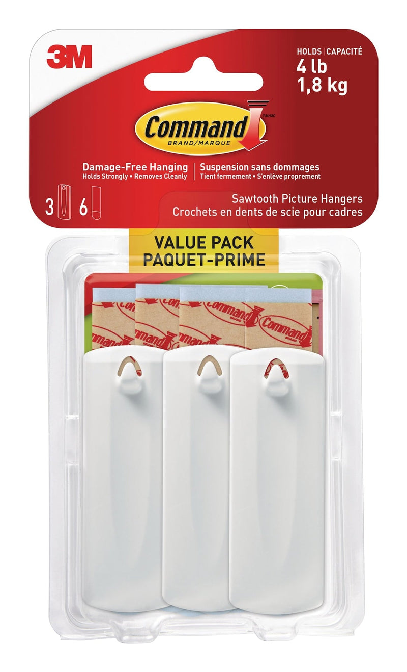 Command Adhesive Sawtooth Picture Hanging Hooks with Adhesive Strips, White, 4-lbs, 3 Strips per Pack Q8
