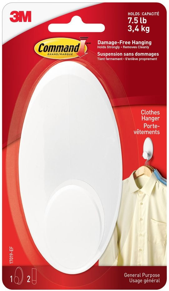 Command Large Clothes Hanger Organizing Hook with Adhesive Strips, White, 7.5-lbs, 1 Strip per Pack A9