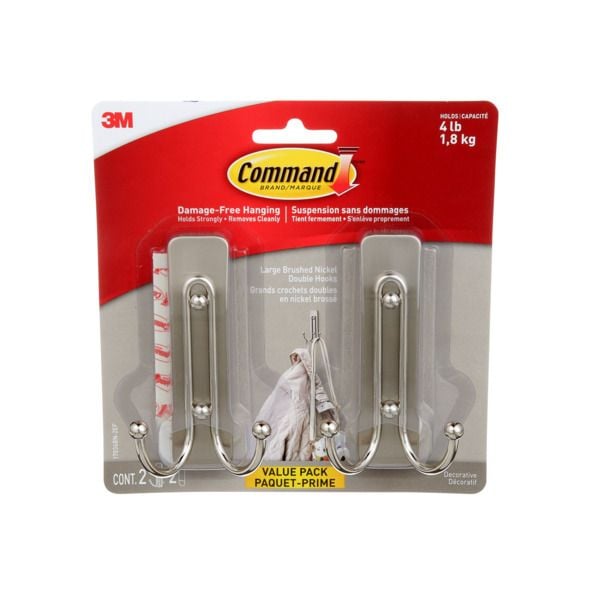 Command Large Decorative Double Hooks Value Pack with Adhesive Strips, Brushed Nickel, 4-lbs, 2 Strips per Pack X5