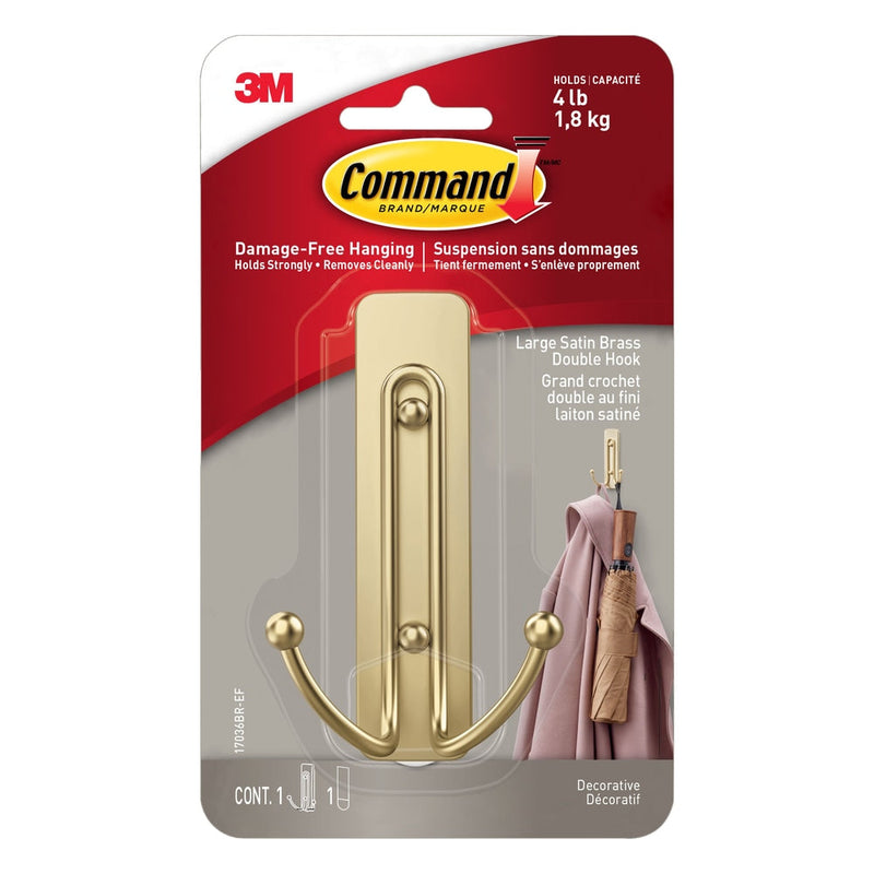 Command Large Satin Brass Hook, 17036BR-EF | 1 Hook, 1 Strip per Pack M7