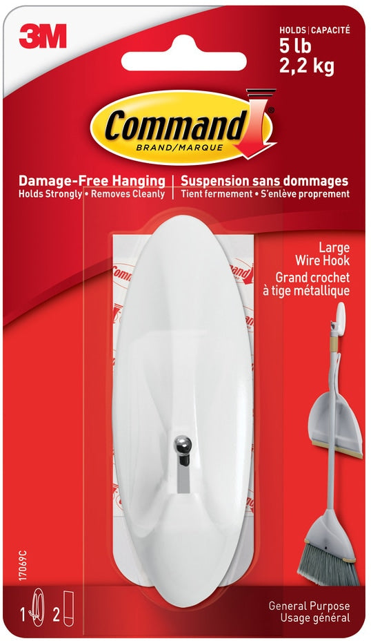 Command Large Wire Hook with Adhesive Strips, White, 5-lbs, 1 Strip per Pack J6