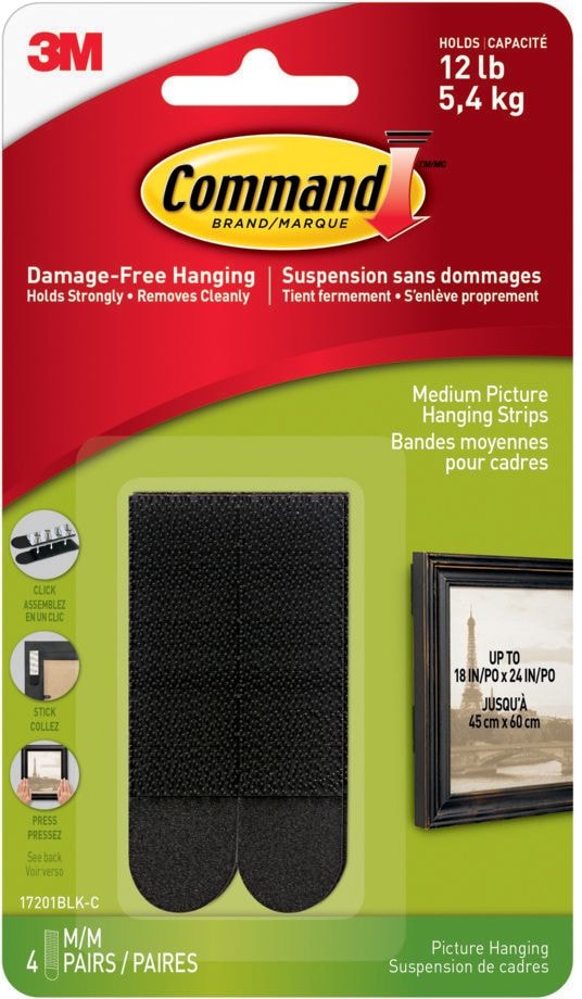 Command Medium Adhesive Picture Hanging Strips, Black, 12-lbs, 4 Strips Per Pack M3