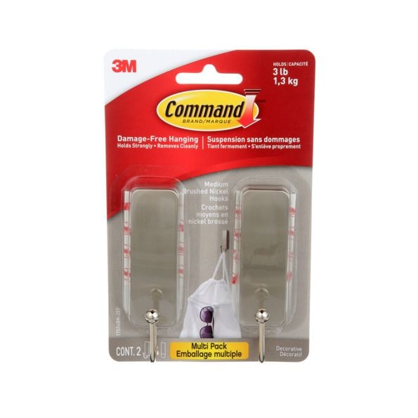 Command Medium Decorative Hooks with Adhesive Strips, Brushed Nickel, 3-lbs, 2 Strips per Pack X6